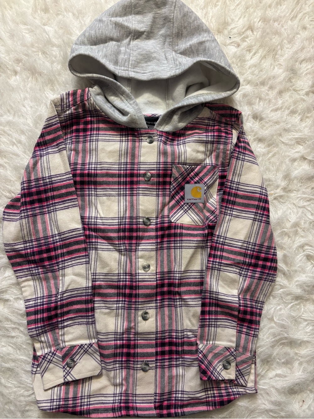 Carhartt Kids Pink, Black & Cream Plaid Hooded Flannel Shirt